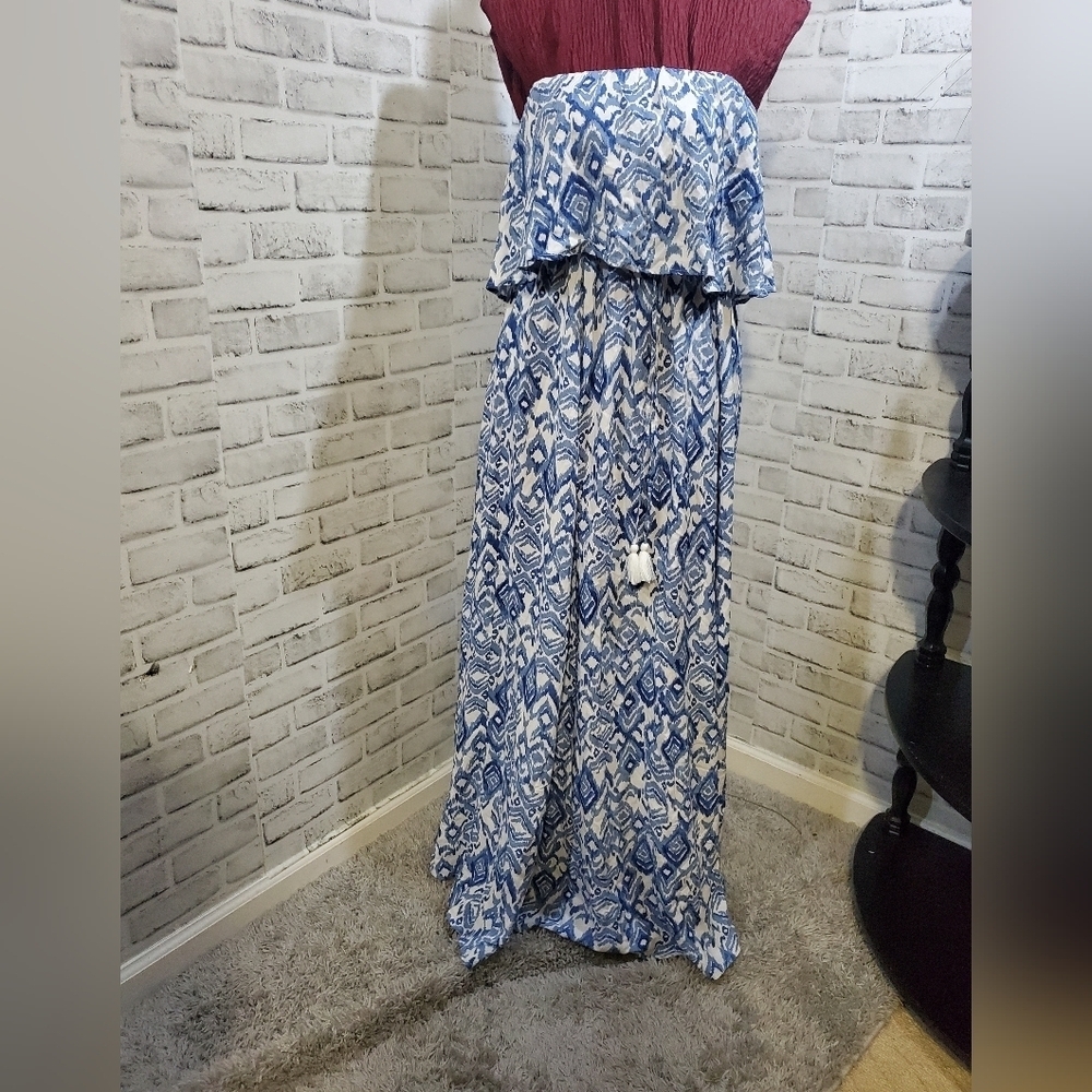 Japna Blue Tie Dye Off The Shoulder Drawstring Waist Maxi Boho Dress Open side L